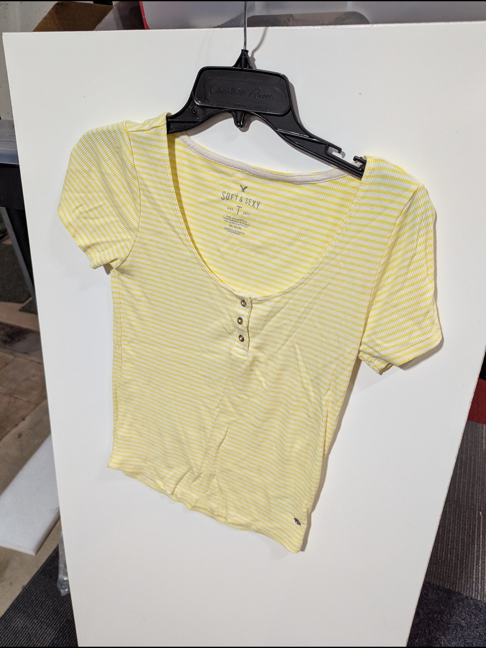 American Eagle Outfitters Yellow & White Striped Scoop Henley Tee